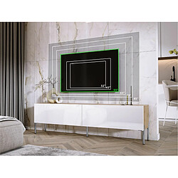 3XELIVING Meuble TV en couleur Chêne wotan / Blanc Brillant avec pieds droits en chrome, D: l : 170 cm, H : 52 cm, P : 32 cm pas cher