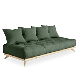 Inside 75 Canapé convertible futon SENZA pin naturel coloris vert olive couchage 90 cm.