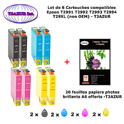 8 Pack cartouche d'encre compatible EPSON T2991 ,T2992 ,T2993 ,T2994 ,T29XL+ 20f A6 brillantes - T3AZUR