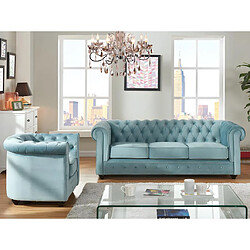 Vente-Unique Canapé 3 places et fauteuil CHESTERFIELD - Velours bleu pastel