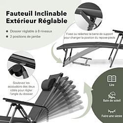 Acheter Helloshop26 Chaise longue d'extérieur en aluminium avec 8 positions de dossier et 2 pieds réglables en tissu à séchage rapide gris 20_0008157