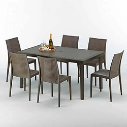 Grand Soleil Table rectangulaire 6 chaises Poly rotin resine 150x90 marron Focus, Chaises Modèle: Bistrot Marron Moka