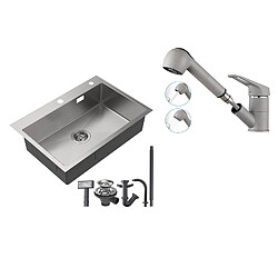 Auralum MAX Évier Cuisine1Bac Acier Inoxydable Brossé 65x45CM,encastré/à Poser+Robinet Cuisine avec Douchette Extractible 2 Jets,Eau Froide et Chaude,Gris