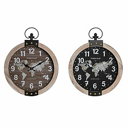 Horloge Murale DKD Home Decor 40 x 6,5 x 46 cm Noir Marron Fer Vintage Bois MDF Mappemonde (2 Unités)