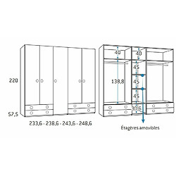 Inside 75 Armoire 5 portes 4 tiroirs 233,6 x 57,5 x 220 cm finition chêne blanchis