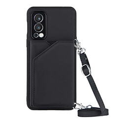 Coque en TPU + PU avec béquille à porte-cartes et cordon réglable noir pour votre OnePlus Nord 2 5G