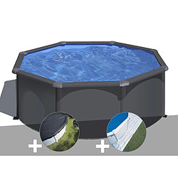 Kit piscine acier gris anthracite Gré Louko ronde 3,20 x 1,22 m + Bâche d'hivernage + Tapis de sol