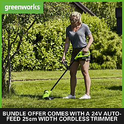 Greenworks Tools Greenworks Tondeuse à Gazon électrique 24V 33cm 30L Bac, Coupe-bordures 25cm tête d'alimentation Automatique avec 1 Batterie 4Ah et Chargeur GD24LM33LT25K4 pas cher