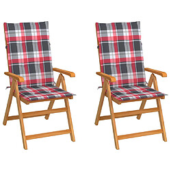 vidaXL Chaises de jardin lot de 2 et coussins à carreaux rouges Teck