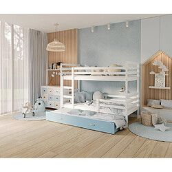 Kids Literie Lit Superposé 3 Places Milo 90x190 Blanc - bleu Livré avec sommiers, tiroir et matelas en mousse de 7cm