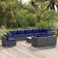 vidaXL Salon de jardin 10 pcs avec coussins Résine tressée Gris