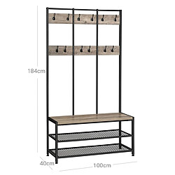 Helloshop26 Grand portemanteau meuble d’entrée avec 12 crochets et banc à chaussures style industriel vestiaire étagère pour bureau chambre cadre en acier 184 cm grège et noir 12_0002671