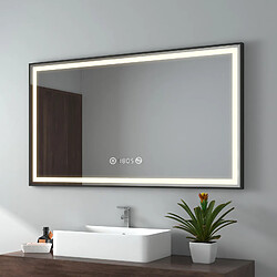 EMKE Miroir de salle de bain LED Cadre noir avec Interrupteur Tactile, Anti-buée, Horloge, Température, Dimmable, Fonction Mémoire, Lumière neutre - 120x70cm