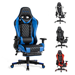 Chaise Gaming, Fauteuil de Bureau Gamer Ergonomique Foxsport, avec Repose-Pied Siège de Jeu Pivotant en Similicuir, Hauteur et Accoudoirs Réglables Bleu et Noir