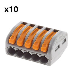 Lot de 10 bornes automatiques à cliquet S222 - 5 entrées – fils rigides et souples 4mm² max - orange - Wago