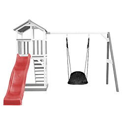 AXI Beach Tower Aire de Jeux BLANC avec Toboggan en Rouge, Balançoire Nid d'oiseau Noir & Bac à Sable | Grande Maison Enfant extérieur en Gris & BLANC | Cabane de Jeu en Bois FSC