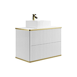 Vente-Unique Meuble de salle de bain suspendu strié liseré doré avec vasque à poser - Blanc - 80 cm - KELIZA