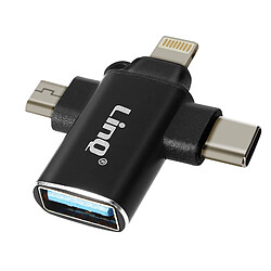 Adaptateur OTG 3 en 1 USB-C, Micro-USB, Lightning vers USB 3.0 Compact LinQ Noir