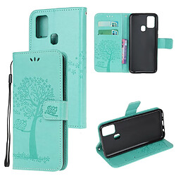 Etui en PU empreinte arbre hibou élégant avec support cyan pour votre Samsung Galaxy M21/M30s