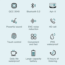 Universal Casque sans fil, Bluetooth 5.2, élimination du bruit ENC, stéréo HD aptX, tactile à empreintes digitales, casque IPX5 étanche | pas cher