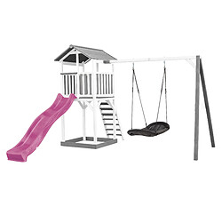 AXI Beach Tower Aire de Jeux BLANC avec Toboggan en Violet, Balançoire Nid d'oiseau Noir & Bac à Sable | Grande Maison Enfant extérieur en Gris & BLANC | Cabane de Jeu en Bois FSC