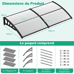 Helloshop26 Auvent porte d'entree de 199 x 99 cm marquise de porte et fenêtre extérieur protection contre pluie neige vent gris transparent 20_0007736