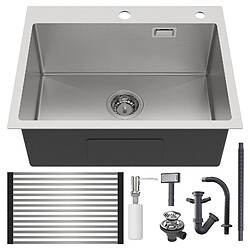 Auralum MAX Évier Cuisine 58*45*18CM, Lavabo Cuisine 1 Bac avec Égouttoir Enroulable et Distributeur de Savon, Inox brossé, Montage à Encastrer ou à Fleur