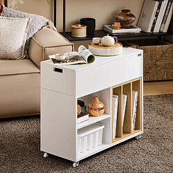 SoBuy FBT134-W Bout de Canapé en Bois, Table d'appoint Café, Table Basse Roulante, avec Porte- revues et Tiroir, Meuble de Rangement pour Salon, Bureau, Chambre, Blanc, L70xP30xH61cm