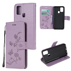 Etui en PU empreinte fleur de papillon avec sangle violet clair pour votre Samsung Galaxy A21s