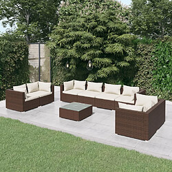 vidaXL Salon de jardin 9 pcs avec coussins Résine tressée Marron