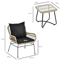 Avis Outsunny Ensemble salon de jardin 3 pièces style exotique 2 fauteuils avec coussins + table basse résine tressée beige métal époxy noir