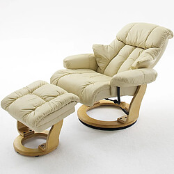 Inside 75 Fauteuil relax CLAIRAC assise en cuir crème pied en bois naturel avec repose pied