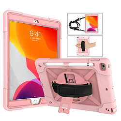 Coque en TPU + Silicone avec béquille pivotante à 360 ° et sangle rose pour votre Apple iPad 10.2 (2019)