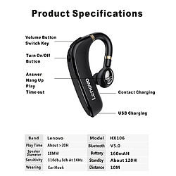 Universal Casque sans fil Lenovo HX106 casque d'oreille business casque monoauriculaire bluetooth 5.0 casque de capacité avec casque mica pas cher