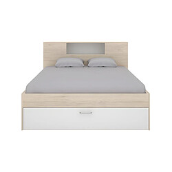 Acheter Vente-Unique Lit avec tête de lit rangements et tiroirs - 140 x 190 cm - Coloris : Naturel et blanc + Sommier + Matelas - LEANDRE