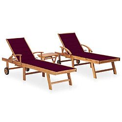 Helloshop26 Lot de 2 transats chaise longue bain de soleil lit de jardin terrasse meuble d'extérieur avec table et coussin bois de teck solide 02_0012087