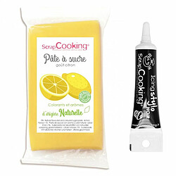 Scrapcooking Pâte à sucre jaune sans gluten arôme citron 250 g + Stylo glaçage noir