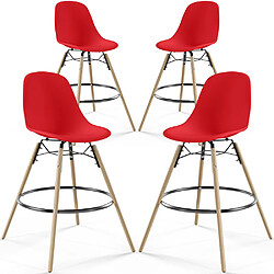 ICONIK INTERIOR Lot de 4 Tabourets de Bar - Design Scandinave - Pieds en Bois - Skögur Rouge