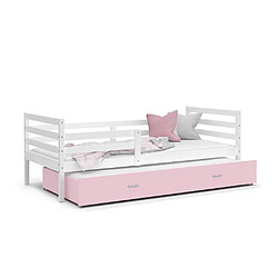 Kids Literie Lit Gigogne Milo 90x190 Blanc - rose Livré avec sommiers, tiroir et matelas en mousse de 7cm