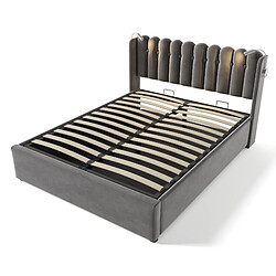 KOMHTOM Lit double rembourré 160x200 avec fonction rechargeable, rangement, velours, avec grille à lattes, gris (sans matelas) pas cher