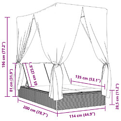 vidaXL Chaise longue double avec toit et rideaux gris résine tressée pas cher