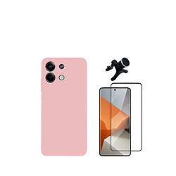 Kit de film en verre trempé de la couverture en 5D + boîtier en silicone liquide + porte-voiture renforcé Phonecare pour Xiaomi Redmi Note 13 - rose