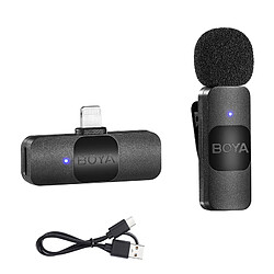 Boya BY-V1 Microphone lavalier sans fil, connexion Apple Lightning, omnidirectionnel, réduction du bruit, batterie de 9h