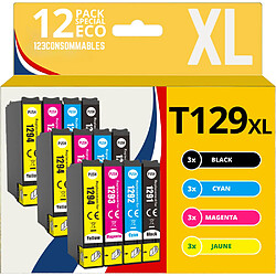 123CONSOMMABLES - T1295 - Cartouches Encre Compatible avec Epson T1295 pour Stylus SX525WD SX535WD SX425W SX230W Office BX635FWD BX305FW Workforce WF-3520 (3 Noir / 3 Cyan / 3 Magenta / 3 Jaune)