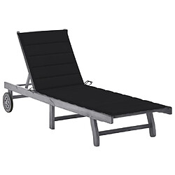 Helloshop26 Transat chaise longue bain de soleil lit de jardin terrasse meuble d'extérieur avec coussin gris bois d'acacia solide 02_0012488