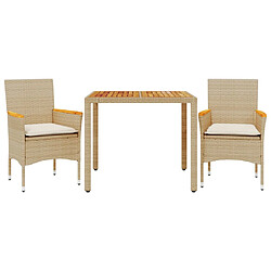 vidaXL Ensemble à manger de jardin et coussins 3pcs beige rotin acacia