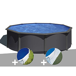 Kit piscine acier gris anthracite Gré Louko ronde 4,80 x 1,22 m + Bâche à bulles + Tapis de sol