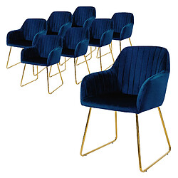 ML-Design Lot de 8 chaises de salle à manger bleu assise en velours pieds dorés en métal 