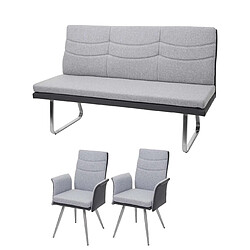 Decoshop26 Lot de 2 chaises de salle à manger avec accoudoirs + banc 160 cm en tissu gris PVC acier inoxydable 04_0007490