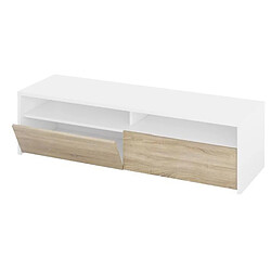 Pegane Meuble TV décor blanc et chêne - Dim : L 130 x P 42 x H 36 cm